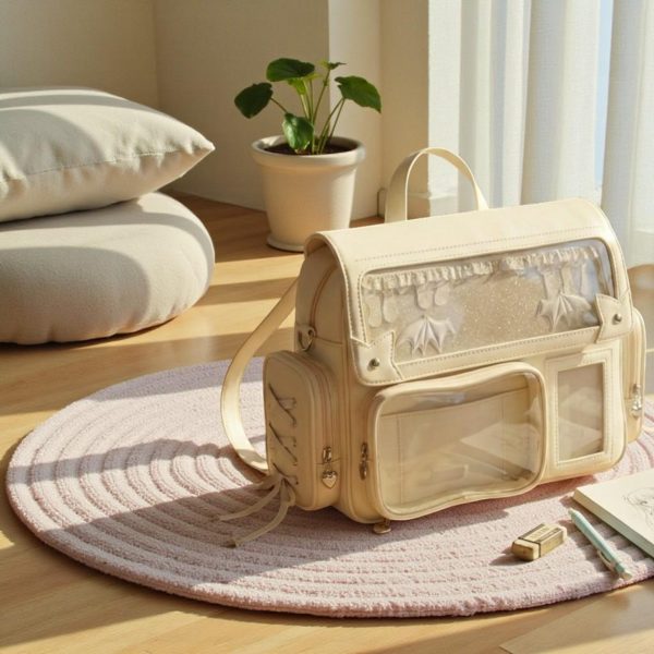 Beige Kawaii Convertible Ita Bag with Clear Window for Pin Display — ita bag detail view