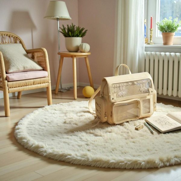 Beige Kawaii Convertible Ita Bag with Clear Window for Pin Display — ita bag detail view