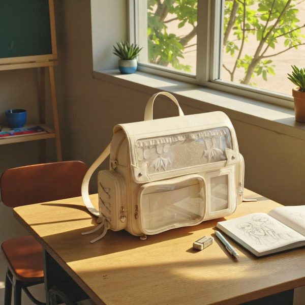 Beige Kawaii Convertible Ita Bag with Clear Window for Pin Display — ita bag detail view