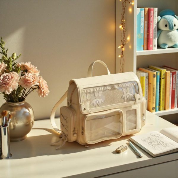 Beige Kawaii Convertible Ita Bag with Clear Window for Pin Display — ita bag detail view