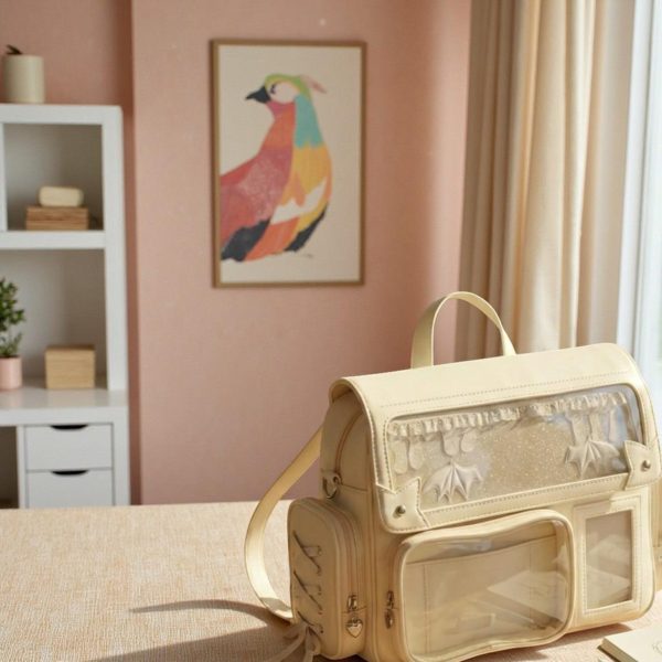 Beige Kawaii Convertible Ita Bag with Clear Window for Pin Display — ita bag detail view