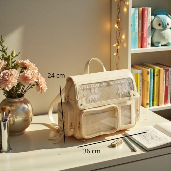 Beige Kawaii Convertible Ita Bag with Clear Window for Pin Display — ita bag detail view