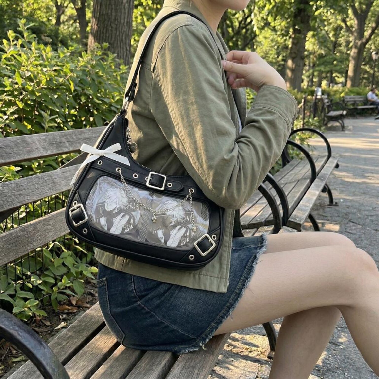 Black Convertible Ita Bag with Clear Window for Photocards and Pins Black Convertible Ita Bag with Clear Window for Photocards and Pins — ita bag detail view