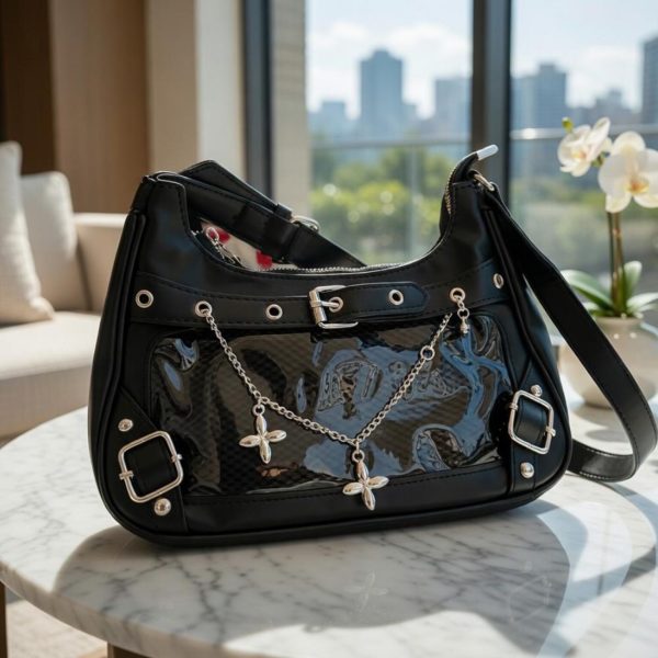 Black Convertible Ita Bag with Clear Window for Photocards and Pins — ita bag detail view