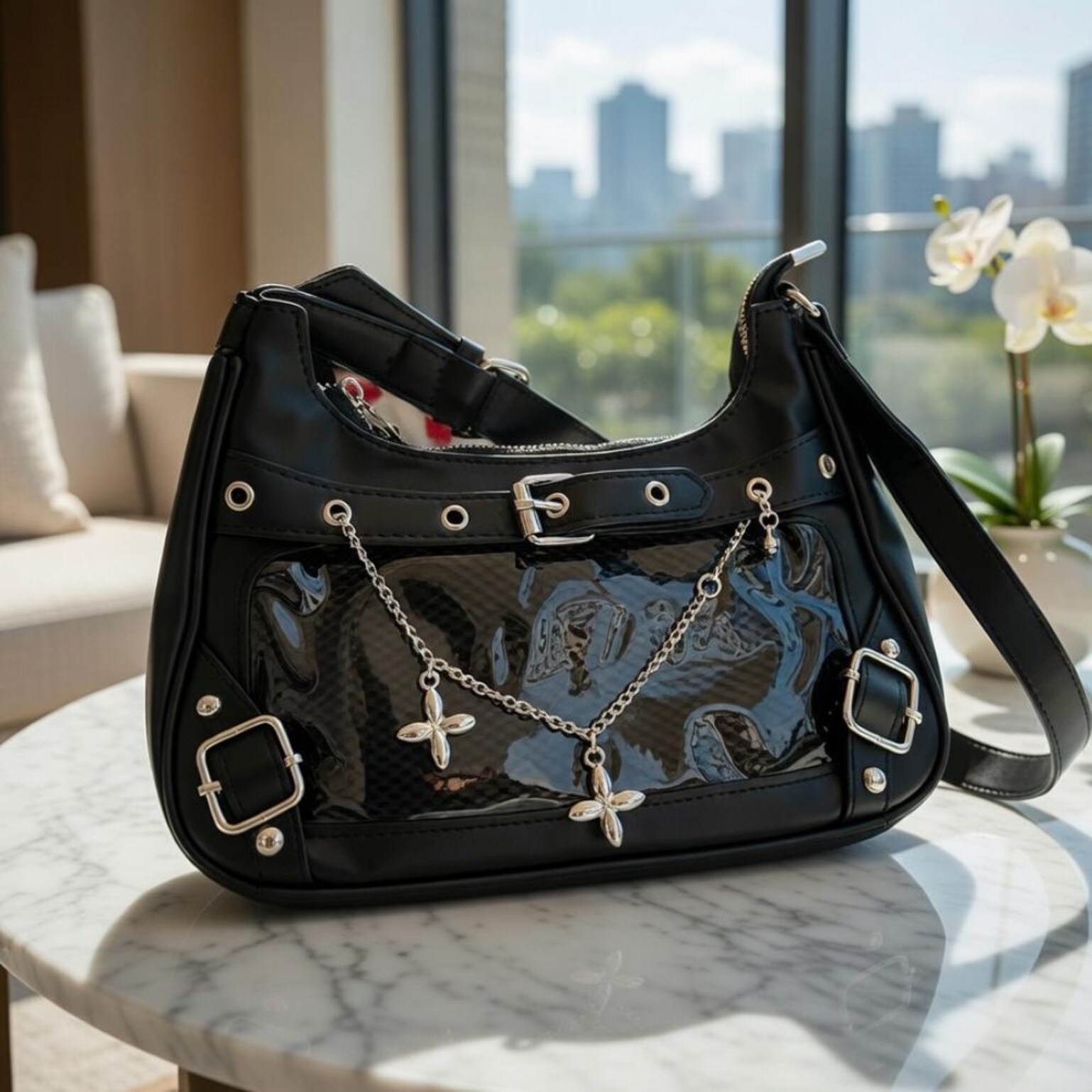 Black Convertible Ita Bag with Clear Window for Photocards and Pins Black Convertible Ita Bag with Clear Window for Photocards and Pins — ita bag detail view