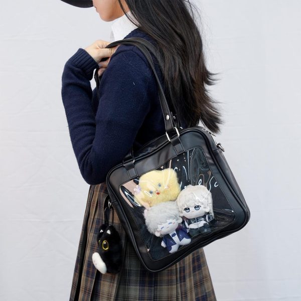 Black Convertible Ita Bag with Clear Window for Pin Display — ita bag detail view