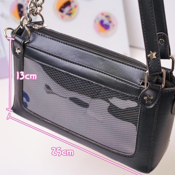 Black Convertible Ita Bag with Clear Window for Pin Display — ita bag detail view