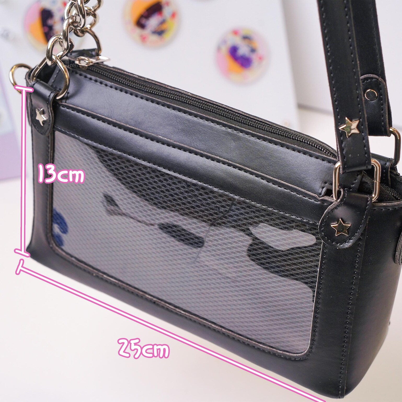 Black Convertible Ita Bag with Clear Window for Pin Display Black Convertible Ita Bag with Clear Window for Pin Display — ita bag detail view