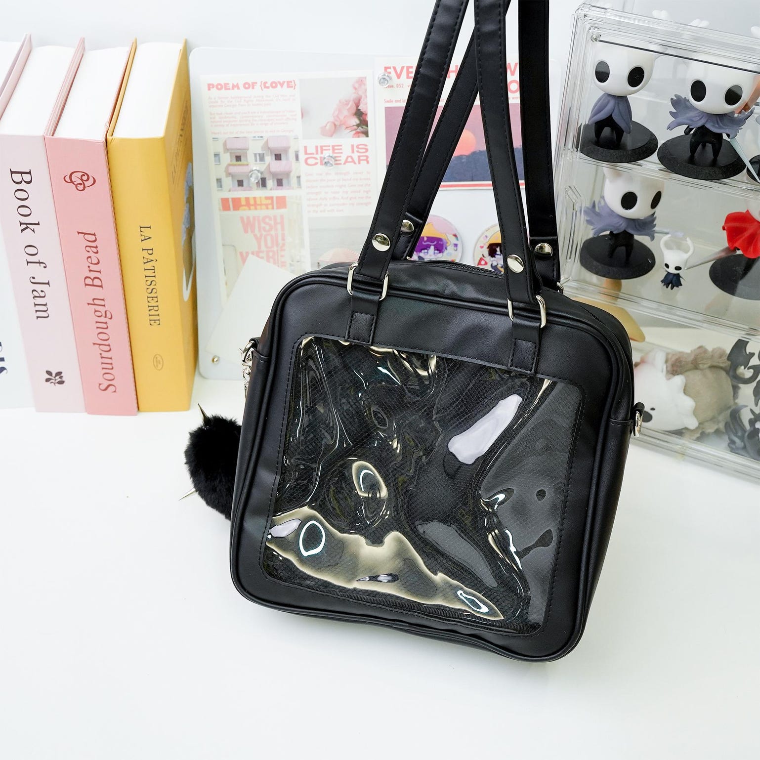 Black Convertible Ita Bag with Clear Window for Pin Display Black Convertible Ita Bag with Clear Window for Pin Display — ita bag detail view