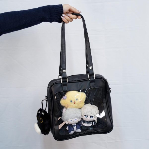 Black Convertible Ita Bag with Clear Window for Pin Display — ita bag detail view