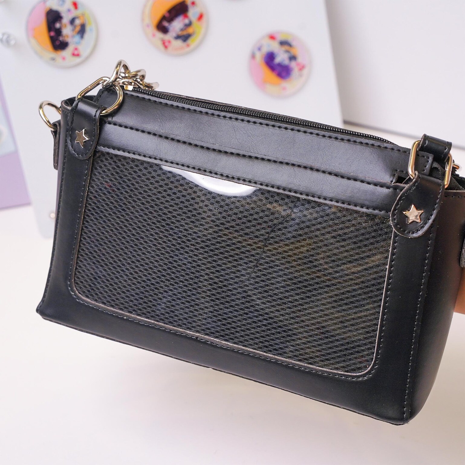 Black Convertible Ita Bag with Clear Window for Pin Display Black Convertible Ita Bag with Clear Window for Pin Display — ita bag detail view