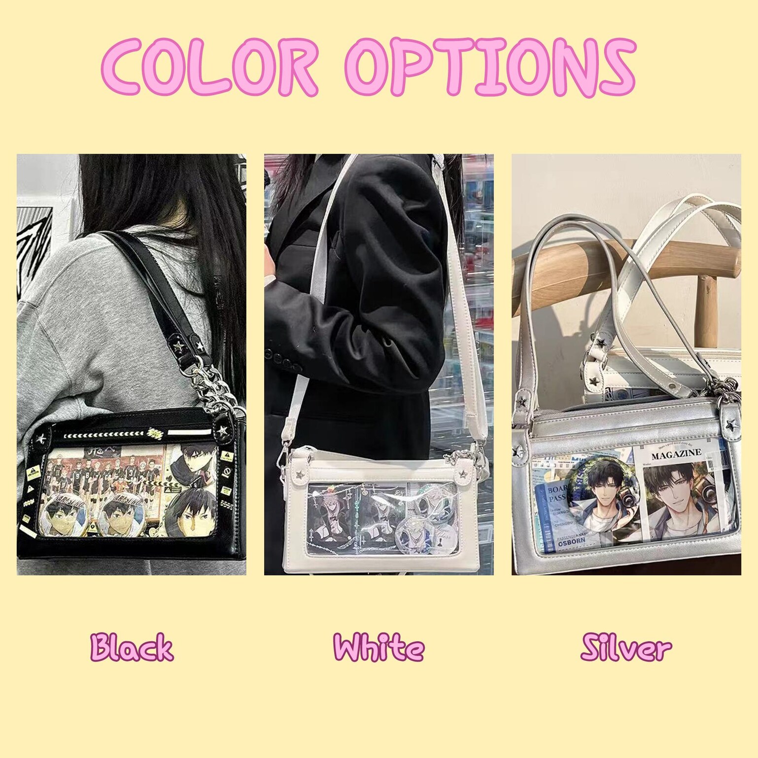 Black Convertible Ita Bag with Clear Window for Pin Display Black Convertible Ita Bag with Clear Window for Pin Display — ita bag detail view