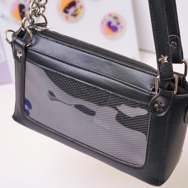 Black Convertible Ita Bag with Clear Window for Pin Display — ita bag detail view