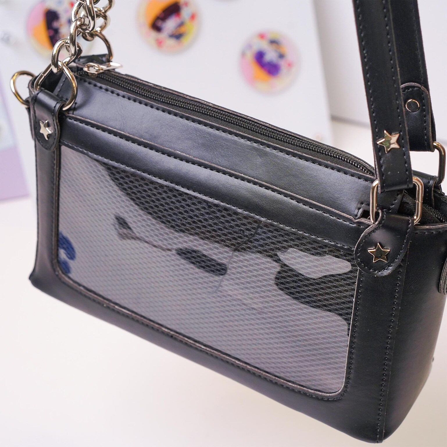 Black Convertible Ita Bag with Clear Window for Pin Display Black Convertible Ita Bag with Clear Window for Pin Display — ita bag detail view
