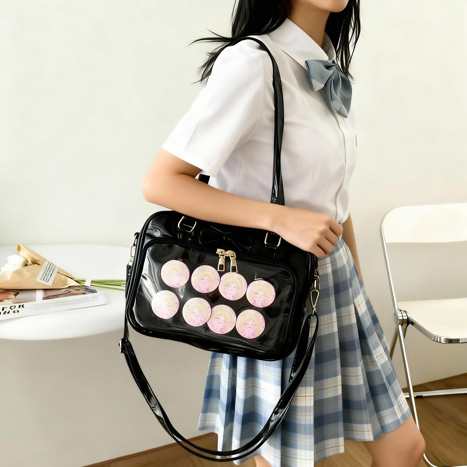 Black Ita Shoulder Bag with Clear Window for Plushies and Pins Black Ita Shoulder Bag with Clear Window for Plushies and Pins — crossbody ita bag detail view