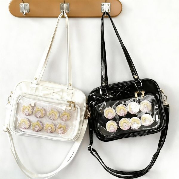 Black Ita Shoulder Bag with Clear Window for Plushies and Pins — crossbody ita bag detail view