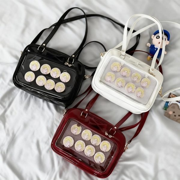 Black Ita Shoulder Bag with Clear Window for Plushies and Pins — crossbody ita bag detail view