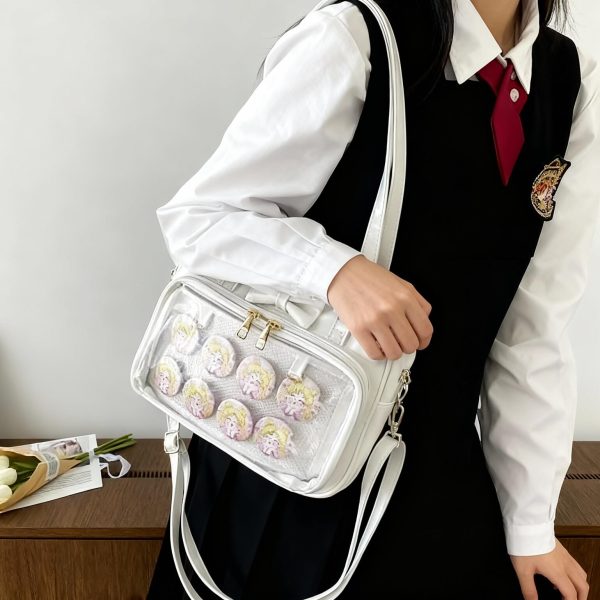 Black Ita Shoulder Bag with Clear Window for Plushies and Pins — crossbody ita bag detail view