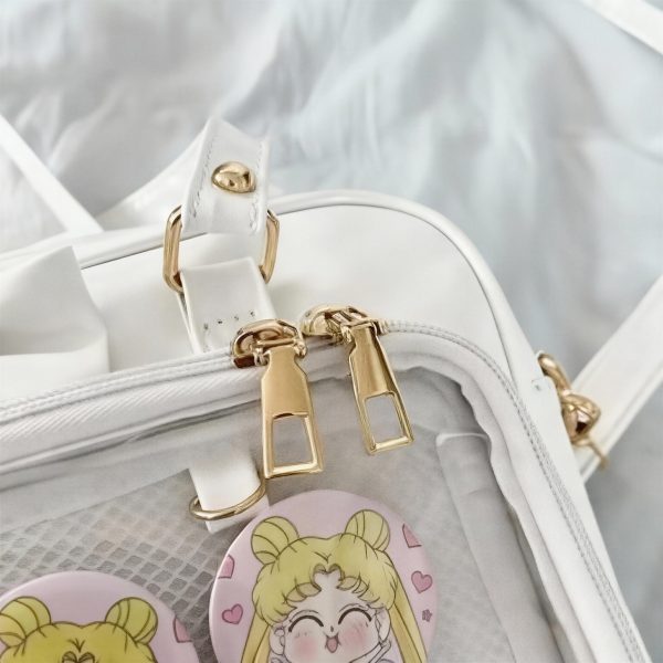 Black Ita Shoulder Bag with Clear Window for Plushies and Pins — crossbody ita bag detail view