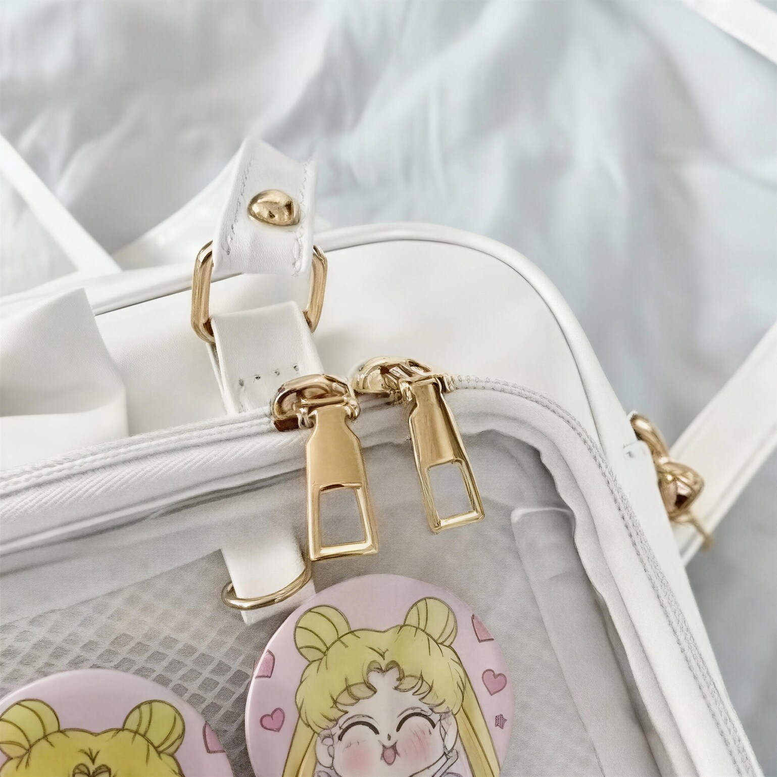 Black Ita Shoulder Bag with Clear Window for Plushies and Pins Black Ita Shoulder Bag with Clear Window for Plushies and Pins — crossbody ita bag detail view