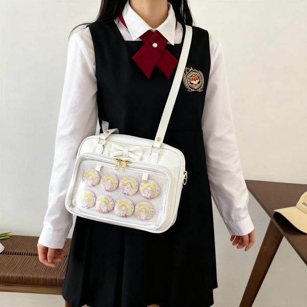 Black Ita Shoulder Bag with Clear Window for Plushies and Pins — crossbody ita bag detail view