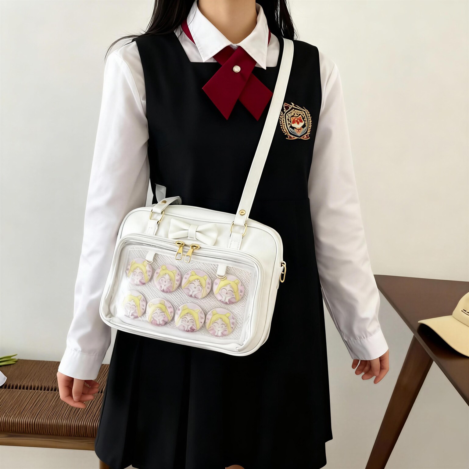 Black Ita Shoulder Bag with Clear Window for Plushies and Pins Black Ita Shoulder Bag with Clear Window for Plushies and Pins — crossbody ita bag detail view