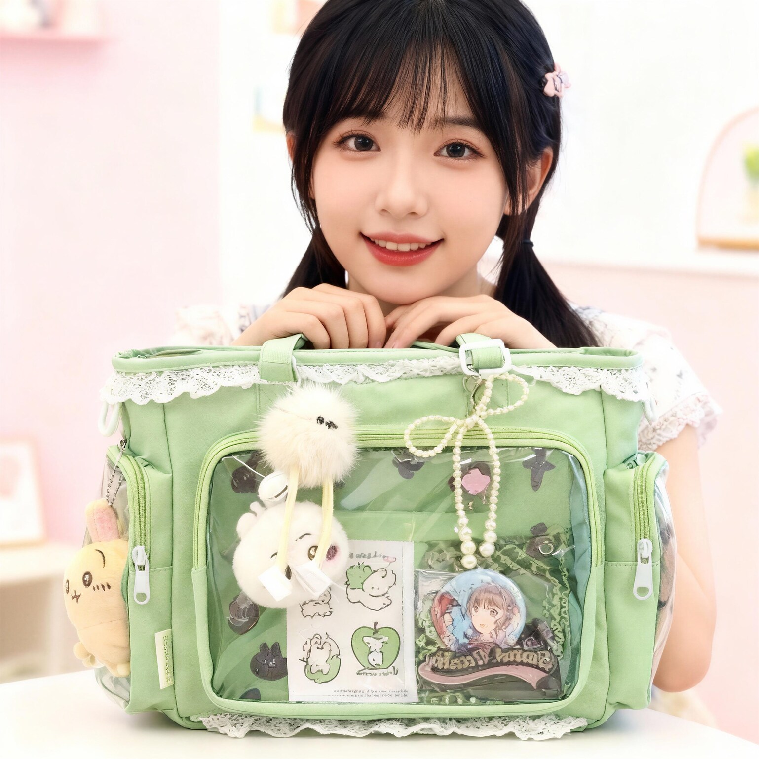Black Ita Tote Bag with Clear Window for Plushies and Pins Black Ita Tote Bag with Clear Window for Plushies and Pins — ita tote bag detail view