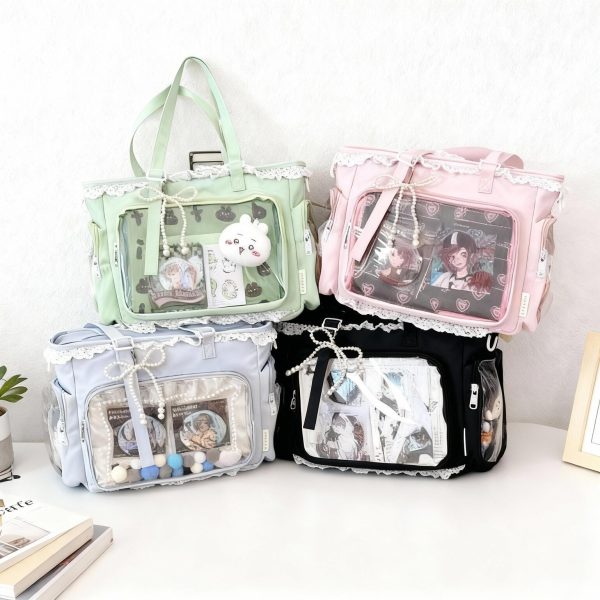 Black Ita Tote Bag with Clear Window for Plushies and Pins — ita tote bag detail view