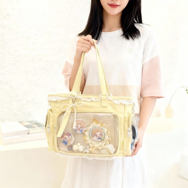 Black Ita Tote Bag with Clear Window for Plushies and Pins — ita tote bag detail view