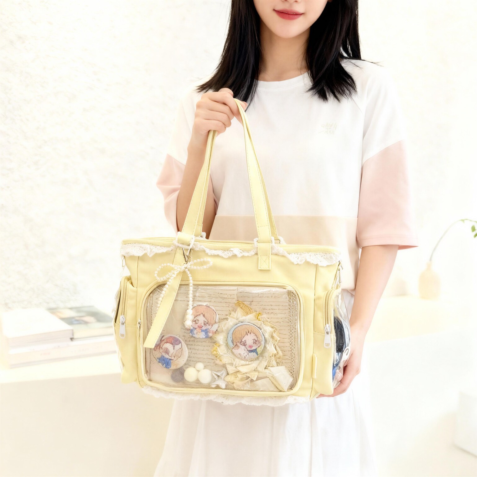 Black Ita Tote Bag with Clear Window for Plushies and Pins Black Ita Tote Bag with Clear Window for Plushies and Pins — ita tote bag detail view