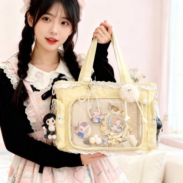 Black Ita Tote Bag with Clear Window for Plushies and Pins — ita tote bag detail view
