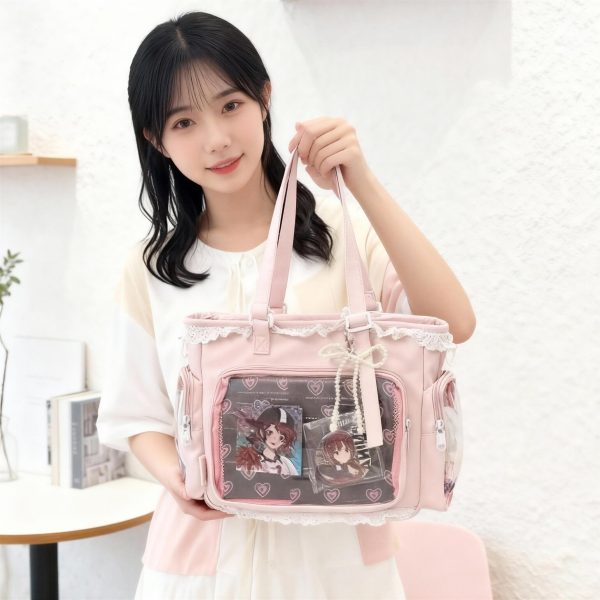 Black Ita Tote Bag with Clear Window for Plushies and Pins — ita tote bag detail view