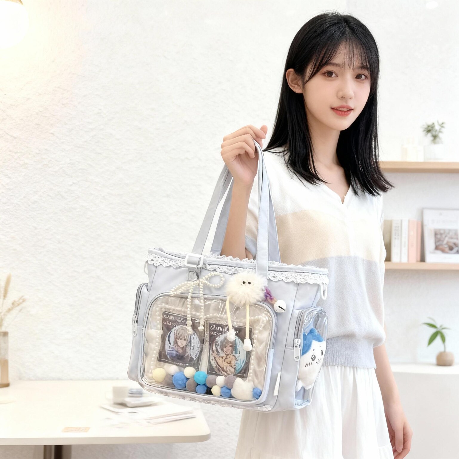 Black Ita Tote Bag with Clear Window for Plushies and Pins Black Ita Tote Bag with Clear Window for Plushies and Pins — ita tote bag detail view
