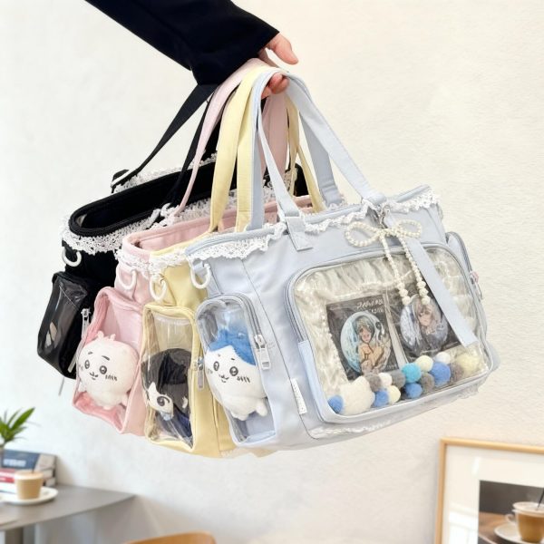 Black Ita Tote Bag with Clear Window for Plushies and Pins — ita tote bag with clear display window