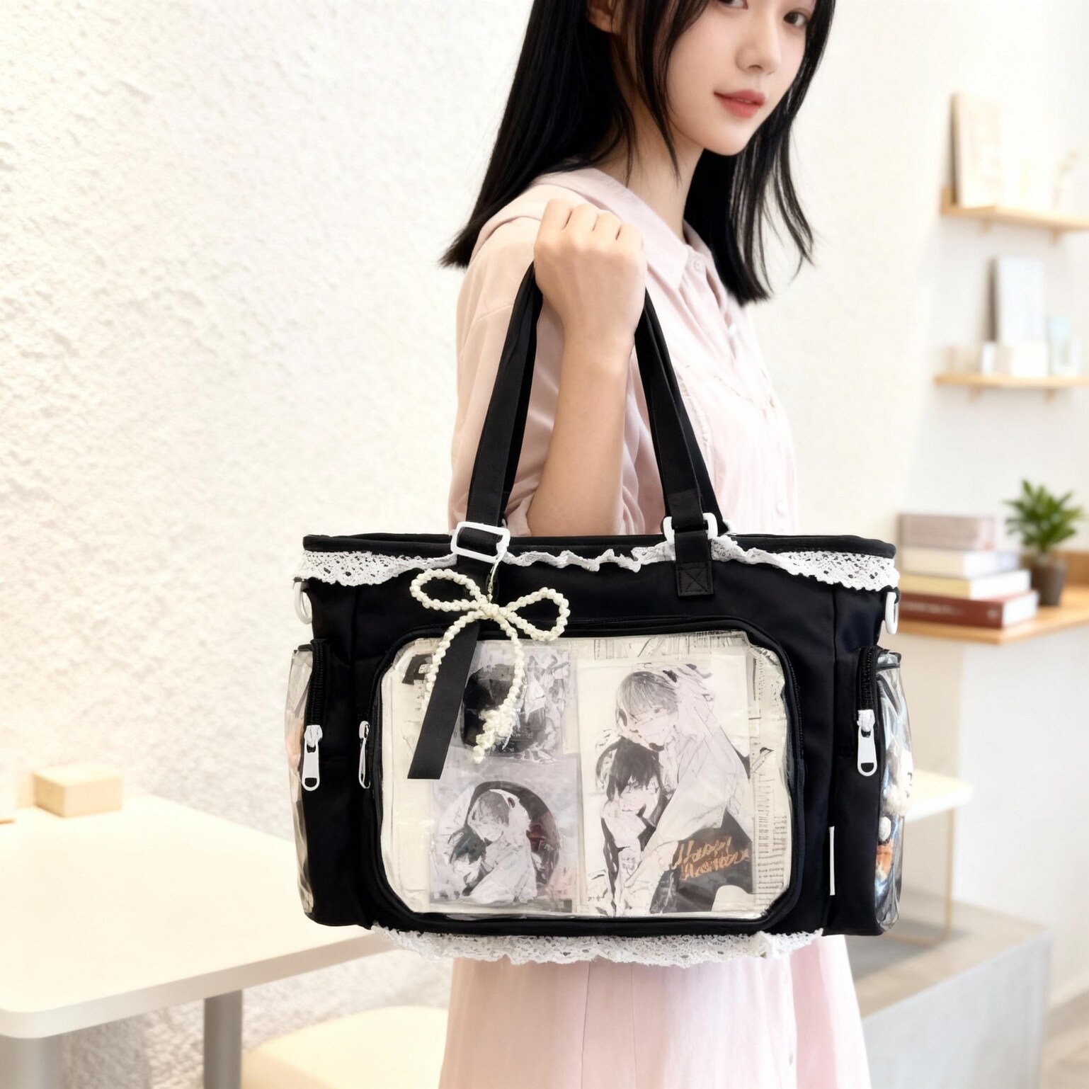 Black Ita Tote Bag with Clear Window for Plushies and Pins Black Ita Tote Bag with Clear Window for Plushies and Pins — ita tote bag detail view