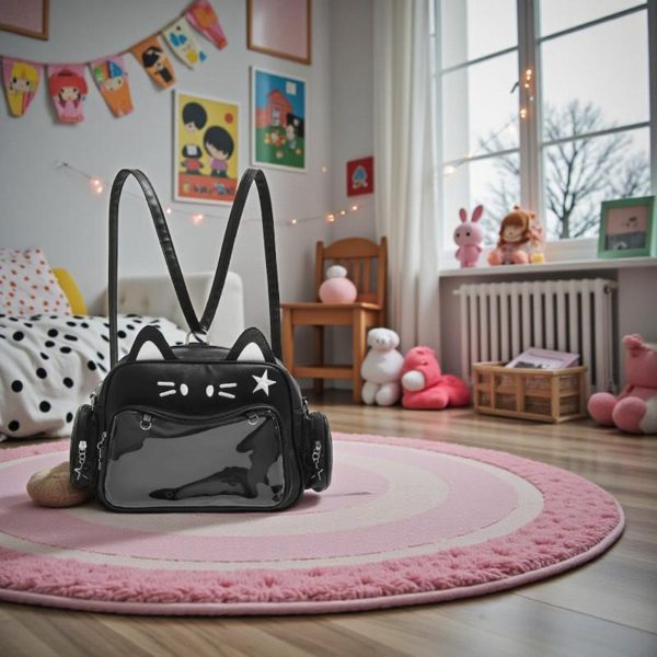 Black Kawaii Cat Convertible Ita Bag with Clear Window for Pin Display — ita bag detail view