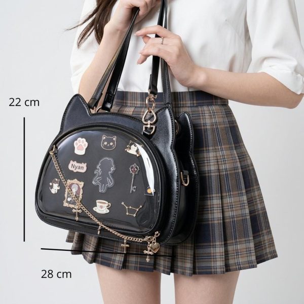 Black Kawaii Cat Convertible Ita Bag with Clear Window for Pin Display — ita bag detail view