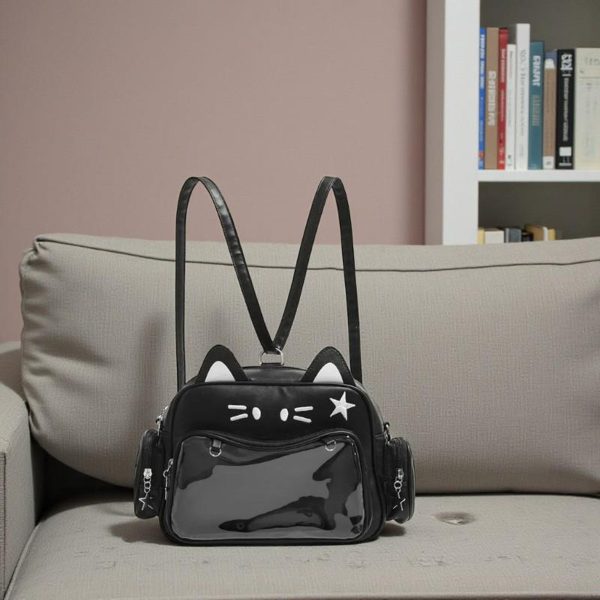 Black Kawaii Cat Convertible Ita Bag with Clear Window for Pin Display — ita bag detail view