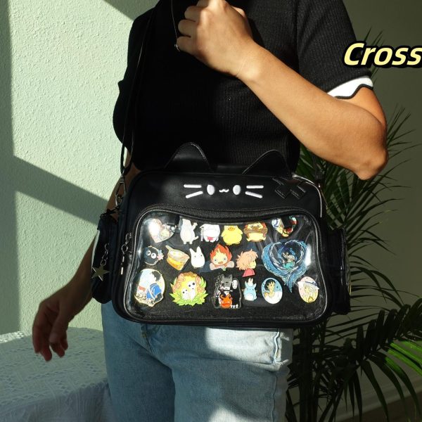 Black Kawaii Cat Convertible Ita Bag with Clear Window for Pin Display — ita bag detail view