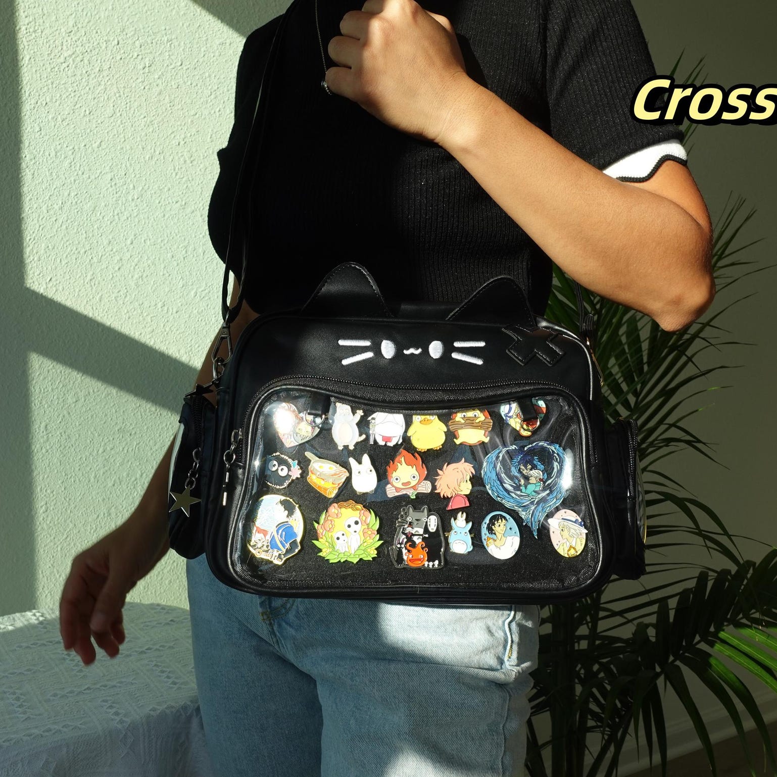 Black Kawaii Cat Convertible Ita Bag with Clear Window for Pin Display Black Kawaii Cat Convertible Ita Bag with Clear Window for Pin Display — ita bag detail view