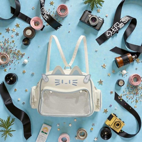 Black Kawaii Cat Convertible Ita Bag with Clear Window for Pin Display — ita bag detail view