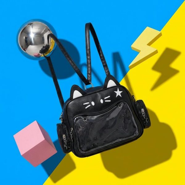 Black Kawaii Cat Convertible Ita Bag with Clear Window for Pin Display — ita bag with clear display window