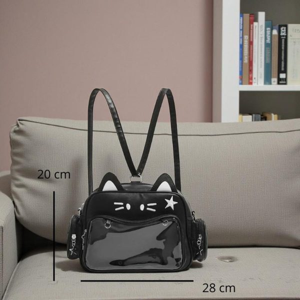 Black Kawaii Cat Convertible Ita Bag with Clear Window for Pin Display — ita bag detail view