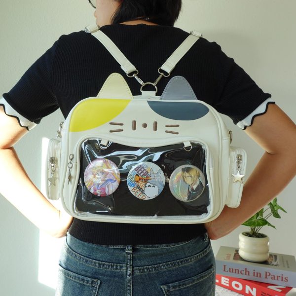 Black Kawaii Cat Convertible Ita Bag with Clear Window for Pin Display — ita bag detail view