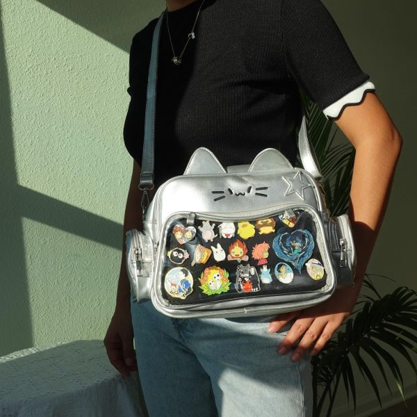 Black Kawaii Cat Convertible Ita Bag with Clear Window for Pin Display — ita bag with clear display window