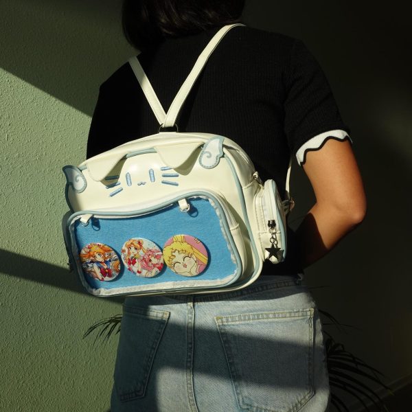 Black Kawaii Cat Convertible Ita Bag with Clear Window for Pin Display — ita bag detail view