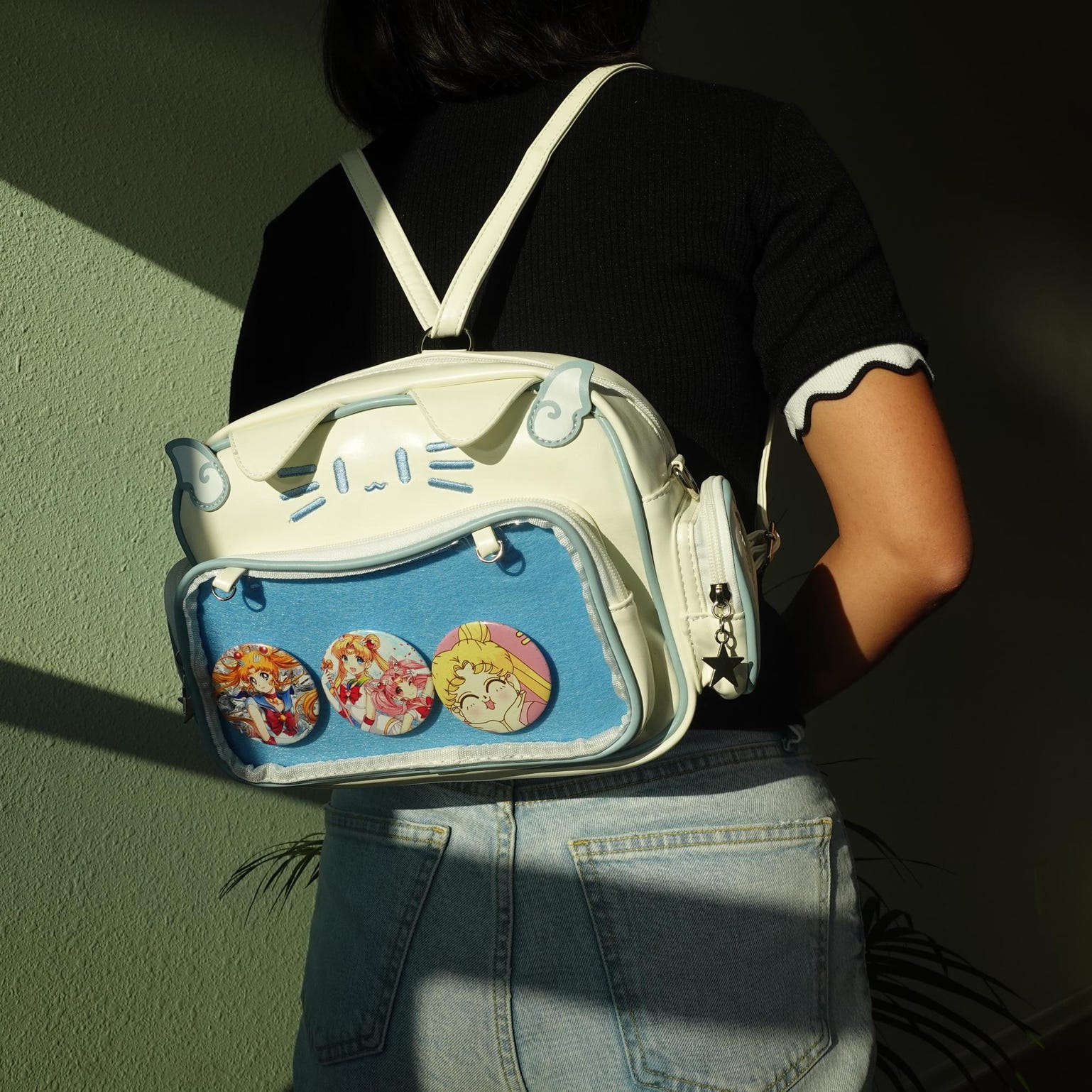 Black Kawaii Cat Convertible Ita Bag with Clear Window for Pin Display Black Kawaii Cat Convertible Ita Bag with Clear Window for Pin Display — ita bag detail view