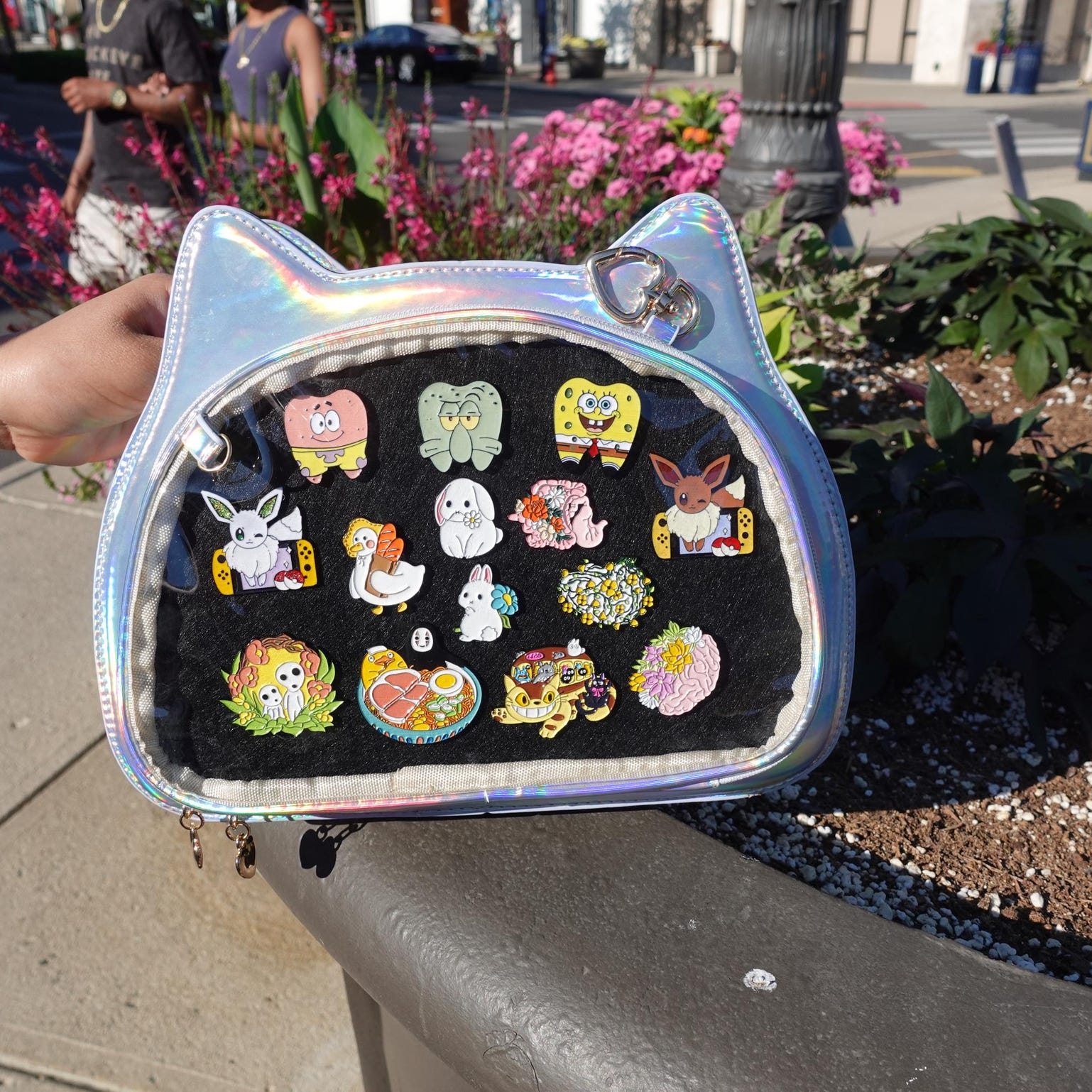 Black Kawaii Cat Convertible Ita Bag with Clear Window for Plushies and Pins Black Kawaii Cat Convertible Ita Bag with Clear Window for Plushies and Pins — ita bag detail view