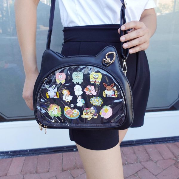 Black Kawaii Cat Convertible Ita Bag with Clear Window for Plushies and Pins — ita bag detail view