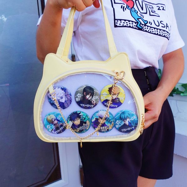 Black Kawaii Cat Convertible Ita Bag with Clear Window for Plushies and Pins — ita bag detail view